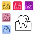 Black line Tooth with caries icon isolated on white background. Tooth decay. Set icons in color square buttons. Vector Royalty Free Stock Photo