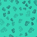 Black line Toy train icon isolated seamless pattern on green background. Vector Royalty Free Stock Photo