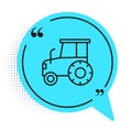 Black line Tractor icon isolated on white background. Blue speech bubble symbol. Vector