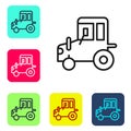 Black line Tractor icon isolated on white background. Set icons in color square buttons. Vector Royalty Free Stock Photo