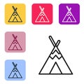 Black line Traditional indian teepee or wigwam icon isolated on white background. Indian tent. Set icons in color square