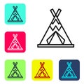 Black line Traditional indian teepee or wigwam icon isolated on white background. Indian tent. Set icons in color square Royalty Free Stock Photo