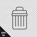 Black line Trash can icon isolated on transparent background. Garbage bin sign. Recycle basket icon. Office trash icon Royalty Free Stock Photo