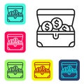 Black line Treasure chest icon isolated on white background. Set icons in color square buttons. Vector Royalty Free Stock Photo