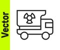 Black line Truck with radiation materials icon isolated on white background. Vector Royalty Free Stock Photo