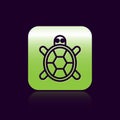 Black line Turtle icon isolated on black background. Green square button. Vector.