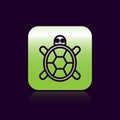 Black line Turtle icon isolated on black background. Green square button. Vector.