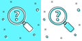 Black line Unknown search icon isolated on green and white background. Magnifying glass and question mark. Random