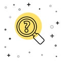 Black line Unknown search icon isolated on white background. Magnifying glass and question mark. Random dynamic shapes