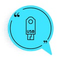 Black line USB flash drive icon isolated on white background. Blue speech bubble symbol. Vector Illustration Royalty Free Stock Photo