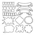 Black line vector banners, ribbons and text bubble on white background. Outlined ribbon banner isolated