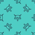 Black line Viking in horned helmet icon isolated seamless pattern on green background. Vector