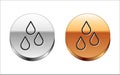 Black line Water drop icon isolated on white background. Silver-gold circle button. Vector Royalty Free Stock Photo