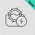 Black line Water mill icon isolated on transparent background. Water wheel energy. Hydro power turbine wheel. Vector