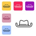 Black line Western cowboy hat icon isolated on white background. Set icons in color square buttons. Vector Royalty Free Stock Photo