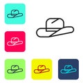 Black line Western cowboy hat icon isolated on white background. Set icons in color square buttons. Vector Illustration Royalty Free Stock Photo