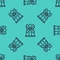 Black line Windmill icon isolated seamless pattern on green background. Vector