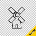 Black line Windmill icon isolated on transparent background. Vector