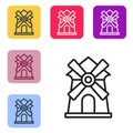 Black line Windmill icon isolated on white background. Set icons in color square buttons. Vector