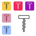 Black line Wine corkscrew icon isolated on white background. Set icons in color square buttons. Vector Royalty Free Stock Photo