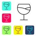 Black line Wine glass icon isolated on white background. Wineglass sign. Set icons in color square buttons. Vector Royalty Free Stock Photo