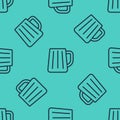 Black line Wooden beer mug icon isolated seamless pattern on green background. Vector Royalty Free Stock Photo