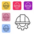 Black line Worker safety helmet and gear icon isolated on white background. Set icons in color square buttons. Vector Royalty Free Stock Photo