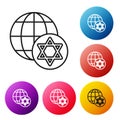 Black line World Globe and Israel icon isolated on white background. Set icons colorful circle buttons. Vector Royalty Free Stock Photo