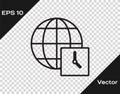 Black line World time icon isolated on transparent background. Clock and globe. Vector Royalty Free Stock Photo