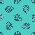 Black line Worldwide shipping and cardboard box icon isolated seamless pattern on green background. Vector Illustration Royalty Free Stock Photo