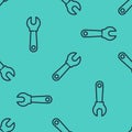 Black line Wrench spanner icon isolated seamless pattern on green background. Vector Illustration Royalty Free Stock Photo
