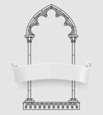 Black linear drawing of classic gothic architectural decorative frame with a white three-dimensional banner on grey background Royalty Free Stock Photo