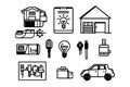 Black linear icons depicting various home electrical, mechanical and lighting components create an engaging group Royalty Free Stock Photo