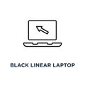 black linear laptop with cursor icon, symbol of using a mobile computer or search click arrow for website concept style trend Royalty Free Stock Photo