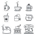 Black lineart icon set. Coffee, tea, cup, devices Royalty Free Stock Photo