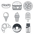 Black lineart icon set. Fast food and sweets Royalty Free Stock Photo