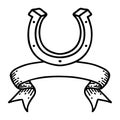 black linework tattoo with banner of a horse shoe