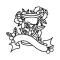 black linework tattoo with banner of an hour glass and flowers