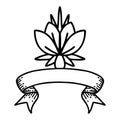 black linework tattoo with banner of a water lily