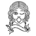 black linework tattoo with banner of winking female face with ball gag