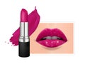 Black lipstick tube, plum color lipstick, lipstick smear and lips.
