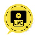 Black Live streaming online videogame play icon isolated on white background. Yellow speech bubble symbol. Vector