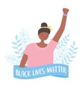 Black lives matter banner for protest, young woman raised hand activist, awareness campaign against racial