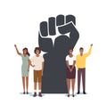 Black Lives Matter, Blm. Tiny Black Characters around of Huge Raised Hand. Equality Campaign Against Discrimination