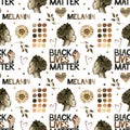 Black Lives Matter illustration. Watercolor seamless pattern with a brown strong fist, African woman, hearts, sunflower. Royalty Free Stock Photo