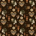 Black Lives Matter illustration. Watercolor seamless pattern with a strong fist, an African woman, brown hearts