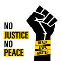 Black Lives Matter movement, clenched fist and text isolated on white background. No justice no peace