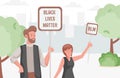 Black lives matter poster with protesting young people holding placards and protest vector flat illustration.