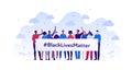 Black lives matter protest concept. Vector flat person illustration. Crowd of man and woman hold placard with text. Multi-ethnic