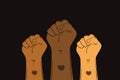 Black Lives Matter protest in USA. Stop violence to black people. Hand draw cartoon fist symbol with heart on a dark background.